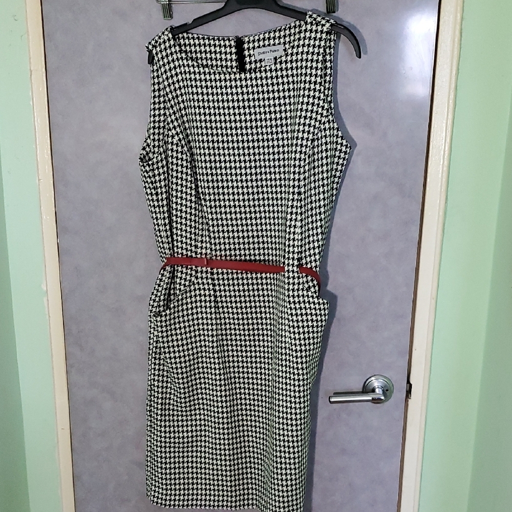 Classic Black and White Houndstooth Dress with Red Accent